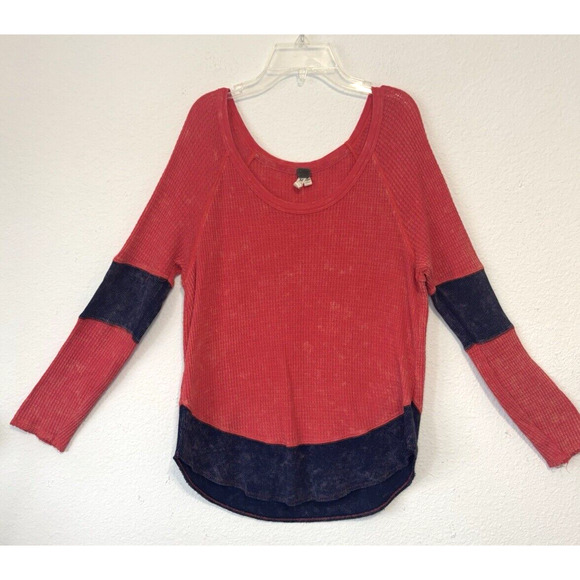 Free People Thermal Colorblock Waffle Knit Top Red Blue Long Sleeve M cozycore - Picture 1 of 5